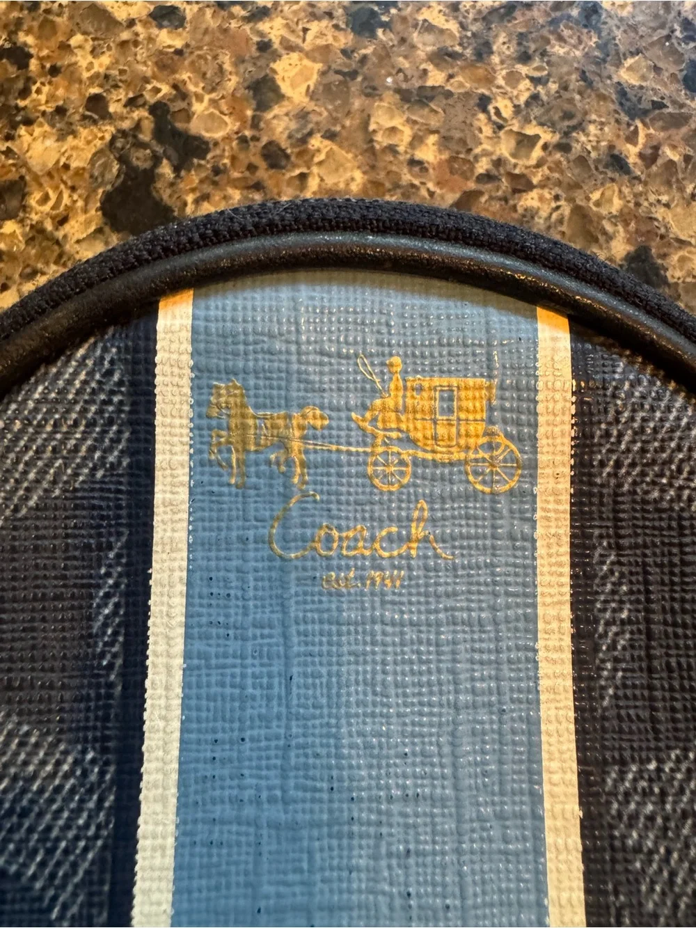 Coach Round Coin Pouch in Blue and Cream Varsity Stripe